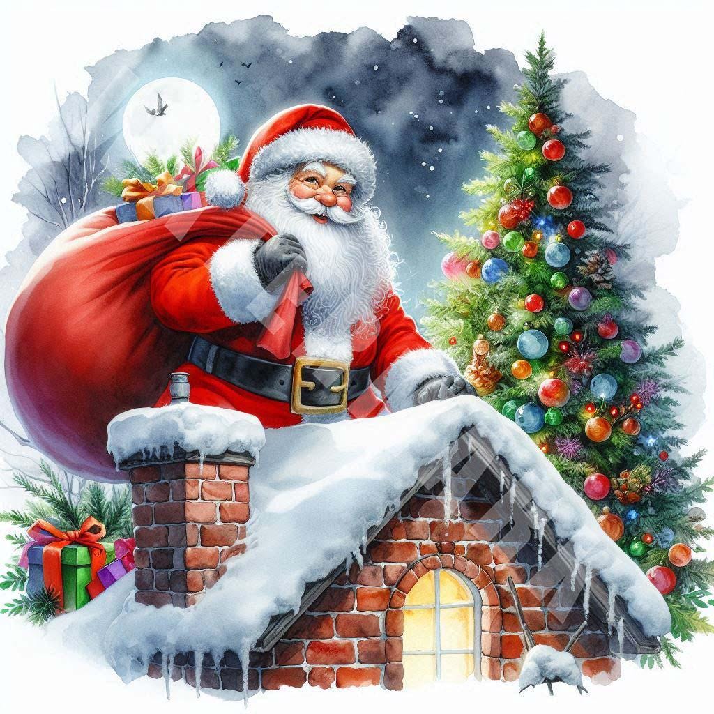 Christmas Santa Claus Clipart, 12 jpg, digital download, Santa on the roof, gifts, watercolor, card making, digital planners, memory book