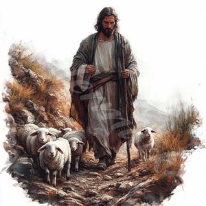 Gesù e pecore Clipart Illustrazione religiosa Grafica cristiana Download digitali Schede Adesivo diario spazzatura Artigianato di carta Album di ritagli 12 JPG