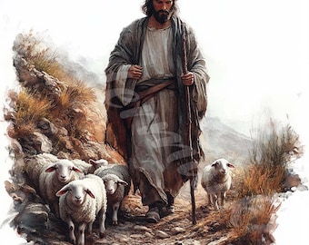Jesus and Sheep Watercolor Clipart: Christian Illustration (Digital Download)