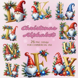 Alfabeto personalizado de Natal, 26 PNG, Letras decorativas de Natal, Gnomos, Bolas, Letras engraçadas, Convites, Cartões, Download digital