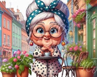 Whimsical Grandma Coffee Clipart, Funny Lady Illustration (Digital Art)