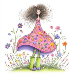 Ragazza stravagante con fiori Clipart 14 JPG Bundle Illustrazione di un grazioso abito floreale Giardino primaverile Biglietti Artigianato Adesivi Uso commerciale Fantasia Bizzarro