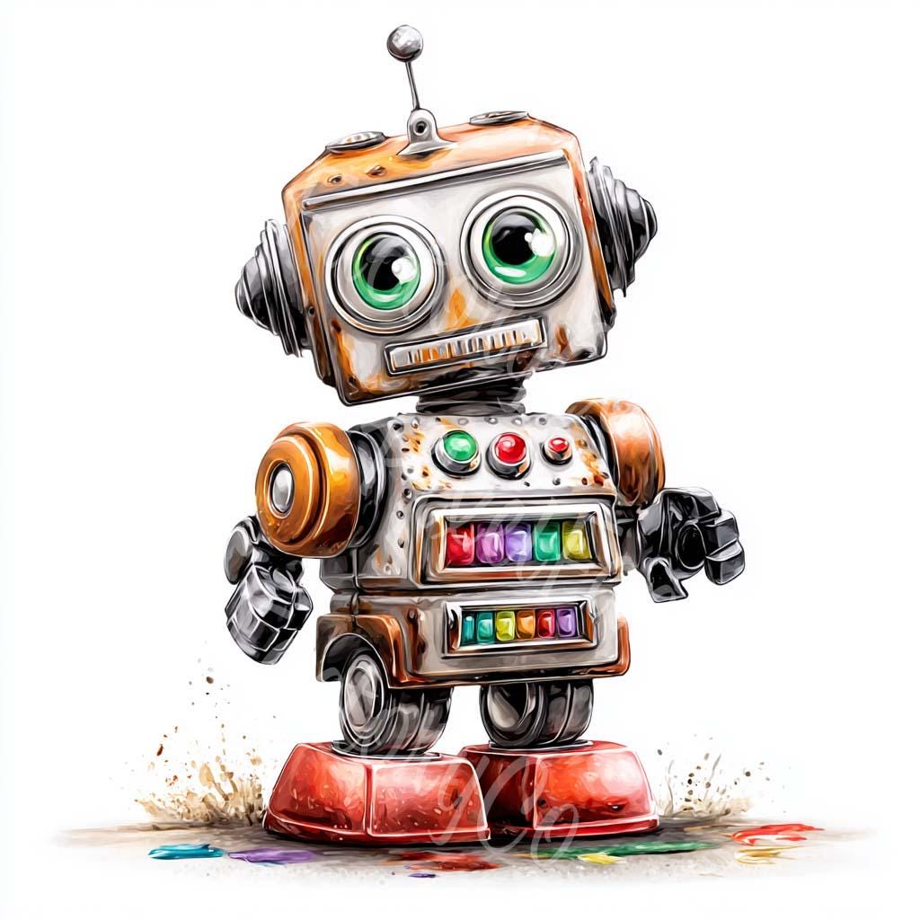 Retro Robot Clipart Bundle: Watercolor Cartoon Robots (17 JPG ...