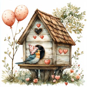 Clipart oiseau Saint-Valentin, téléchargement numérique, ballons, coeur, mangeoire pour la Saint-Valentin, journal indésirable, albums de coupures, cartes, travaux manuels en papier, 12 JPG