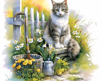 水彩画風の猫の庭のクリップアート：素朴な花のイラスト（JPGデジタル