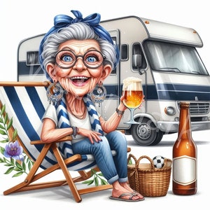 Lustige ältere Frau im Camper Clipart, 12 JPG, verrückte Oma im Urlaub, Menschen Clipart, Frauen, Junk-Journal, Sammelalben, digitale Downloads