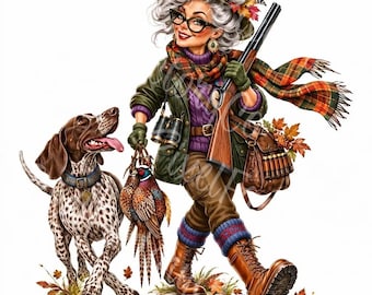 Hunting Grandma Clipart Funny Senior Lady Hunting Dog Illustrations Digital Download Crafts 12 JPG
