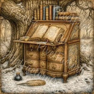May include: A brown wooden secretary desk with ornate floral carvings and three drawers, featuring an open book on its surface. A row of books stands on top, while a small inkwell and a single feather quill rest on the snowy ground below.
