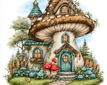 Mushroom House Clipart Whimsical Fairy Cottage Cottagecore Garden Illustrations Digital Download Crafts 12 JPG