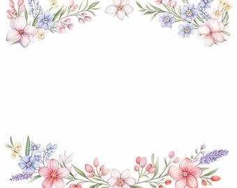 May include: A watercolor illustration of a floral border with pink, blue, and white flowers. The flowers are arranged in a symmetrical pattern, with the top and bottom borders mirroring each other.