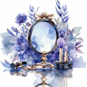 May include: A vintage-style vanity mirror with a gold frame and a blue and white floral design. Two gold makeup brushes are in a black and gold container.