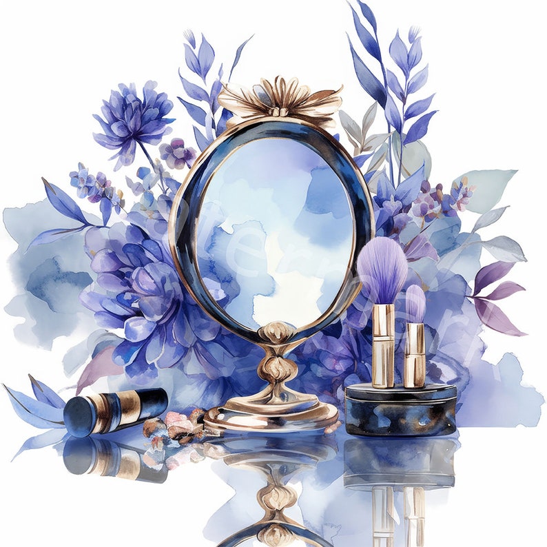 May include: A vintage-style vanity mirror with a gold frame and a blue and white floral design. Two gold makeup brushes are in a black and gold container.