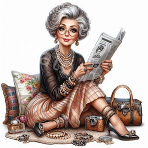 Elegante oude dame clipart, 10 JPG, moderne oma clipart, ouderen, digitale download, junk journal, digitaal papier ambachten, bestanden voor mokken