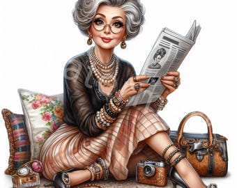 Elegant old lady clipart, 10JPG, modern grandma clipart, elderly people, digital download, junk journal,digital paper crafts, files for mugs