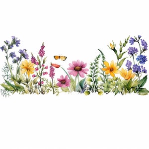 Bloemenrand aquarel clipart, 12 jpg, digitale papiermodellen, wilde bloemen grens clipart, kaarten maken, muur clipart, digitale download
