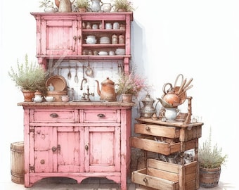 Watercolor Vintage Kitchen Clipart: Farmhouse Furniture (Digital Download)