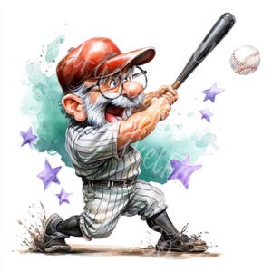 Könnte beinhalten: Eine skurrile Illustration eines Baseballspielers mit roter Kappe und Brille, der einen Schläger schwingt. Der Spieler trägt eine gestreifte Uniform und schwarze Schuhe. Ein Baseball ist in der Luft, mit lila Sternen und einem grün-blauen Aquarellhintergrund.