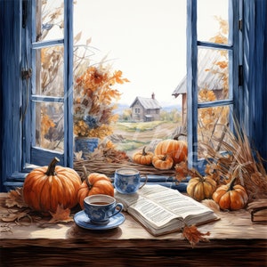 Clipart de ventana de otoño, 12 JPG, descarga digital, clipart de paisaje de otoño, creación de tarjetas, planificador digital, diario basura, manualidades de papel, arte de pared