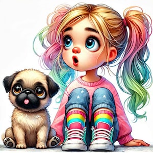 Funny Girl Clipart 12 JPG Digital Download Quirky Crazy Girl with Dog Children's Illustrations Digital Paper Crafts Junk Journal Scrapbooks