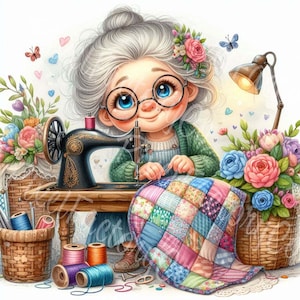 May include: A charming illustration of an elderly person with glasses, sewing a quilt with a vintage black sewing machine. The image features colourful thread spools, flowers, and a basket, evoking a cosy, handcrafted atmosphere.