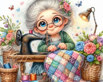 Grandma Quilting Clipart Set: Vintage Sewing Machine Art (Digital Download)