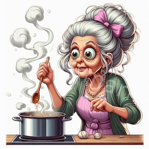 Clipart divertenti per vecchie signore, 12 JPG, illustrazioni di persone, nonna cuoca, grafica femminile, diario spazzatura, artigianato con carta digitale, download digitale
