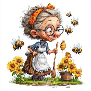 Pacote de clipart engraçado de avó apicultora com abelhas e colmeia para fazer cartões e fazer arte de parede para diário, linda senhora idosa digital para download, caprichoso 12JPG
