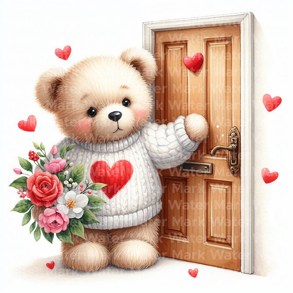 Valentine's Day Teddy Bear Clipart, 12 JPG, Digital Download, Card
