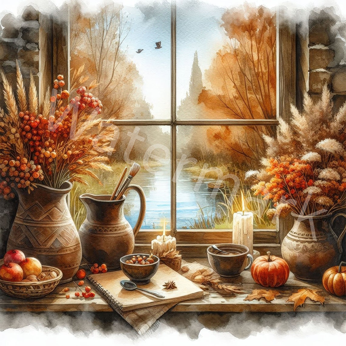 Watercolor Autumn Window Clipart: Fall Landscape (digital Download) - Etsy