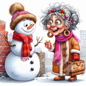 Clipart Noël femme senior drôle, 10 JPG, grand-mère et bonhomme de neige, des cliparts personnes, journal indésirable, créations numériques en papier, téléchargement numérique