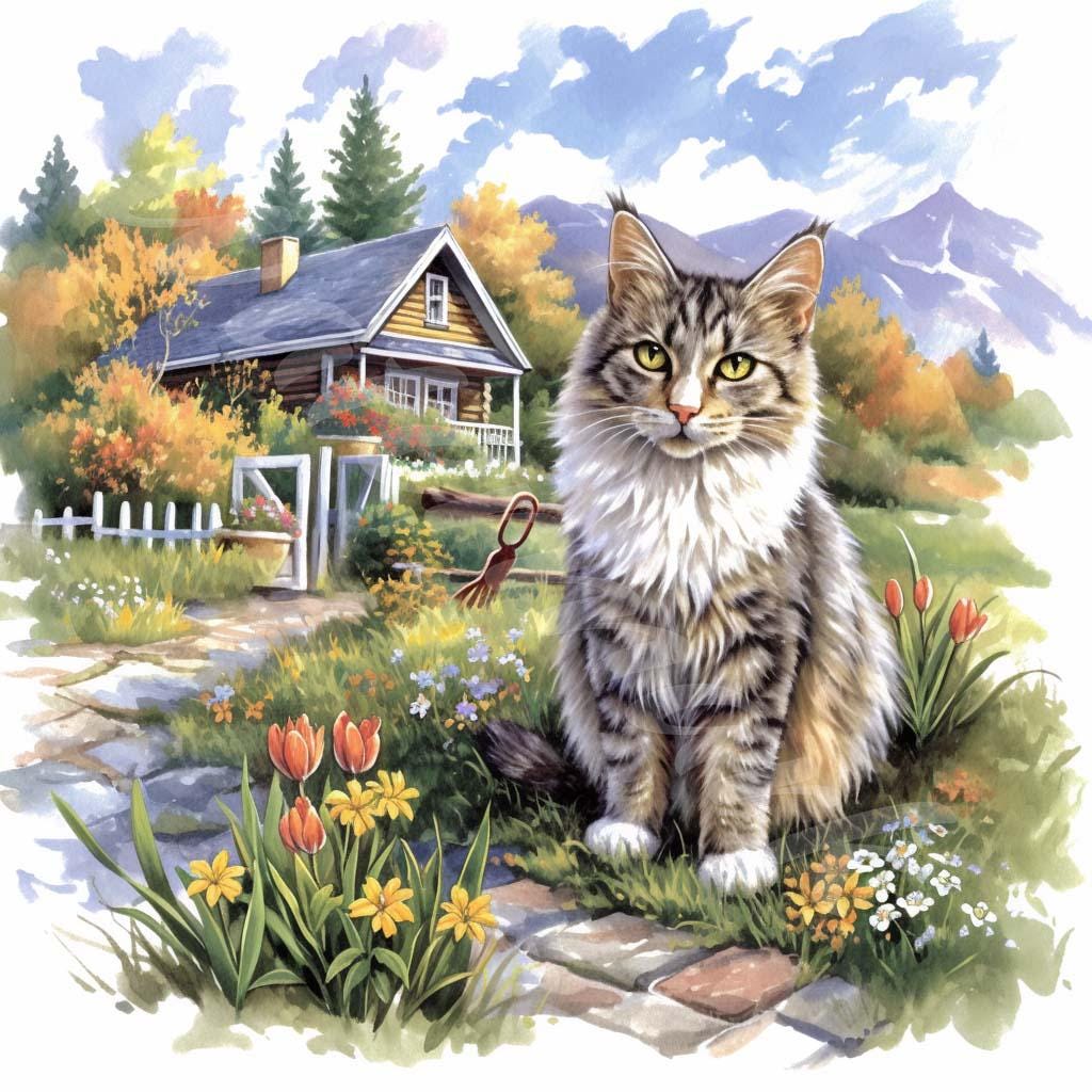 水彩画風の猫の庭のクリップアート：素朴な花のイラスト（JPGデジタル