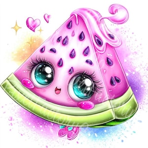 Set di clipart di frutta kawaii carino da scaricare digitalmente, divertenti personaggi di anguria, banana, fragola e kiwi in formato pastello JPG per biglietti fai da te e lavoretti.