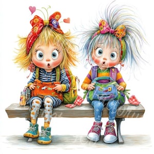 Clipart de chicas locas divertidas, acuarela, mejores amigas coloridas, JPG, arte digital para niños, impresiones escolares, proyectos de manualidades, diario basura, álbumes de recortes