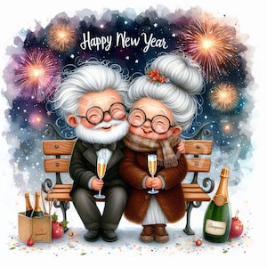 Grappige senior koppel in Nieuwjaar 2025 clipart, 12JPG, nieuwjaarswensen, nieuwjaarspret, vuurwerk, junk Journal, digitale papierkunst, plakboeken