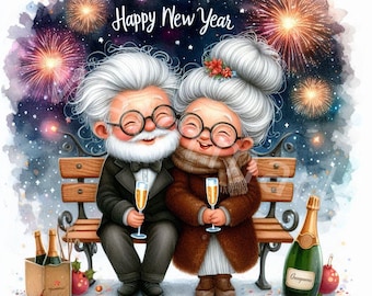 Neujahr 2025 Senior Paar Clipart, Feuerwerk (JPG)