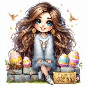 Clipart fille originale de Pâques 12 JPG Souhaits de Pâques Fille drôle Oeufs de Pâques Décorations de Pâques Téléchargements numériques Cartes Artisanat en papier Journal indésirable