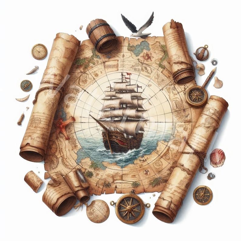 Watercolor Pirate Treasure Map Clipart: Vintage JPG Images (digital ...