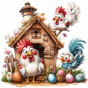 Clipart de poulet de Pâques mignon poule et coq avec des oeufs et des fleurs Cottage Spring Farm Téléchargement numérique pour les enfants Cartes Artisanat Décorations JPG