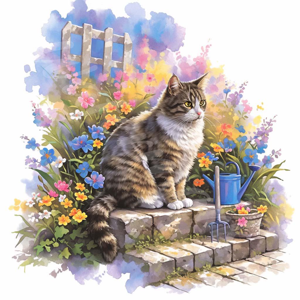 水彩画風の猫の庭のクリップアート：素朴な花のイラスト（JPGデジタル