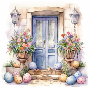 Oster Tür Aquarell Clipart, 12 JPG, digitaler Download, digitales Papierhandwerk, Winter Bild, Wand Kunst Clipart, Kartenherstellung Clipart