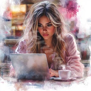 Puede incluir: Una mujer con el pelo largo y rubio se sienta en una mesa en una cafetería, mirando un ordenador portátil. Lleva una camisa rosa y tiene una taza de café delante de ella.