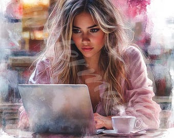 Girl With Laptop Watercolor Clipart: Women Illustrations (Digital Download)