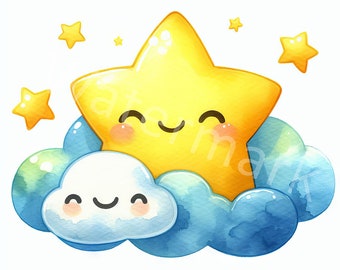 Watercolor Star and Cloud Clipart (Digital Download), JPG