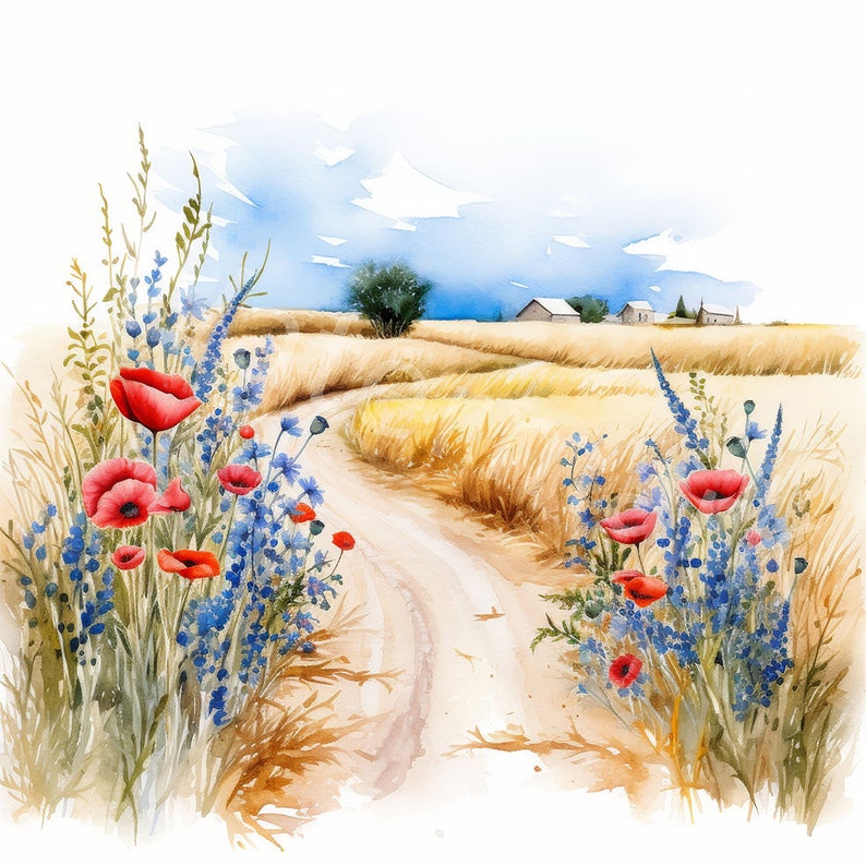 May include: A watercolor painting of a country road winding through a field of wheat with red poppies and blue wildflowers growing along the sides.  The road leads to a small village in the distance.