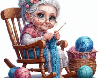 May include: A woman with gray hair and a floral headband sits in a rocking chair knitting a blue scarf. She has blue eyes and is wearing a pink sweater. There are balls of yarn in the background.