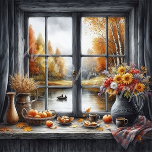 Puede incluir: Una ventana rústica con vista a un lago y árboles de otoño. El alféizar de la ventana está decorado con calabazas, hojas de otoño, un jarrón de girasoles y una taza de café.