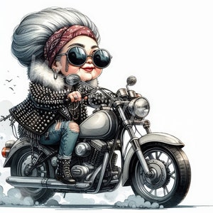老婦人のバイク乗りのクリップアート、12 JPG、クールな人物のクリップアート、ファッション女性クリップアート、ジャンクジャーナル、デジタルペーパークラフト、デジタルダウンロード