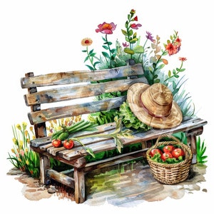 Jardin des cliparts aquarelle, 12 jpg, téléchargement numérique, banc de jardin, clipart été art mural clipart carte fabrication journal indésirable, agenda numérique