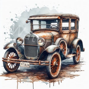 水彩画の車のクリップアート、12 JPG、デジタルダウンロード、ビンテージカー、ウォールアートのクリップアート、カード作成、ジャンクジャーナル、メモリーブック、デジタルスクラップブック