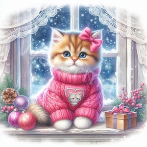Christmas Cat Clipart, 11 JPG, Digitale download, Kerstballen, Kinderillustraties, Kerstdieren, Junk Journal, Albums, Kaarten maken